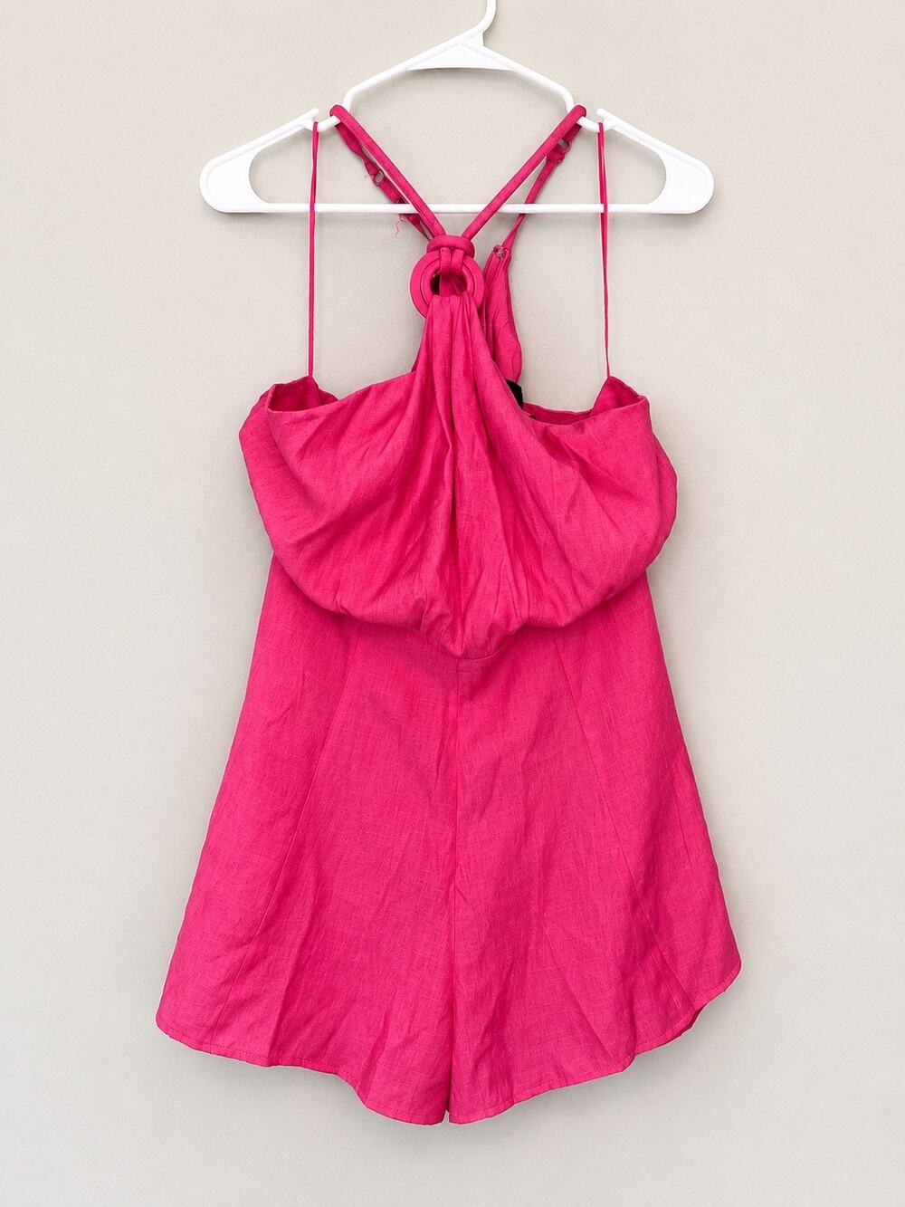 DO+BE Hot Pink Halter Romper Women’s Large Cutout Open Back Ring Detail Lined